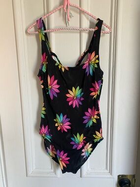 Vintage Black Floral One-Piece Swimsuit with Rainbow Daisy Print